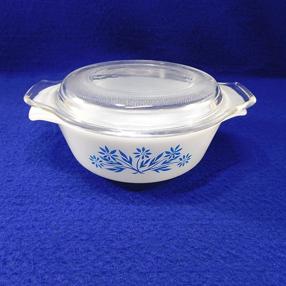 Vintage Fire King Blue Cornflower Mini Casserole Covered Dish Baker 12 Oz
